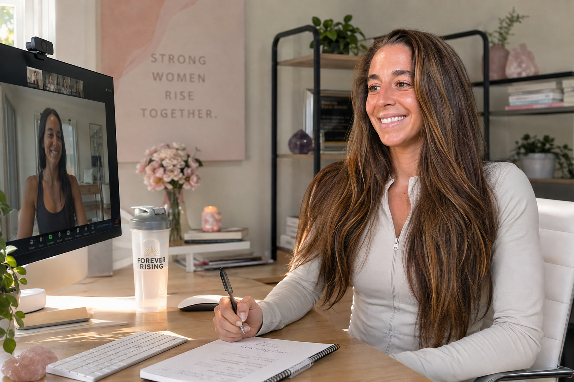 Mallory on a video coaching call with a client, smiling at her desk